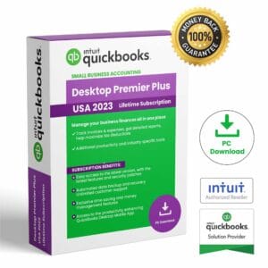 QuickBooks Premier Plus 2023 - Perpetual License Box (USA) Intuit QuickBooks Desktop Premier Plus 2023 software box indicating Lifetime Subscription, USA version, with industry-specific tools for small business accounting.