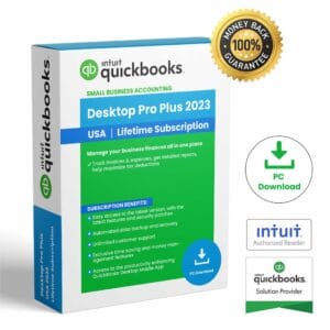 QuickBooks Premier Plus 2023 - Perpetual License Box (USA) Intuit QuickBooks Desktop Premier Plus 2023 software box indicating Lifetime Subscription, USA version, with industry-specific tools for small business accounting.