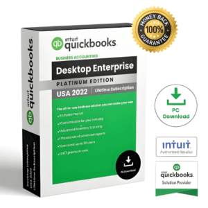 Intuit QuickBooks Desktop Enterprise Platinum 2022 Intuit QuickBooks Desktop Enterprise Platinum 2022 software box indicating Lifetime Subscription, USA version, with 100% Money Back Guarantee and Authorized Reseller badges. QuickBooks Enterprise Platinum 2022 (1 User)