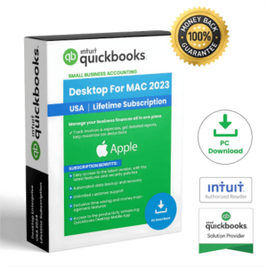 Intuit QuickBooks Desktop for Mac 2023 software box indicating Lifetime Subscription, USA version, for small business accounting on Apple.