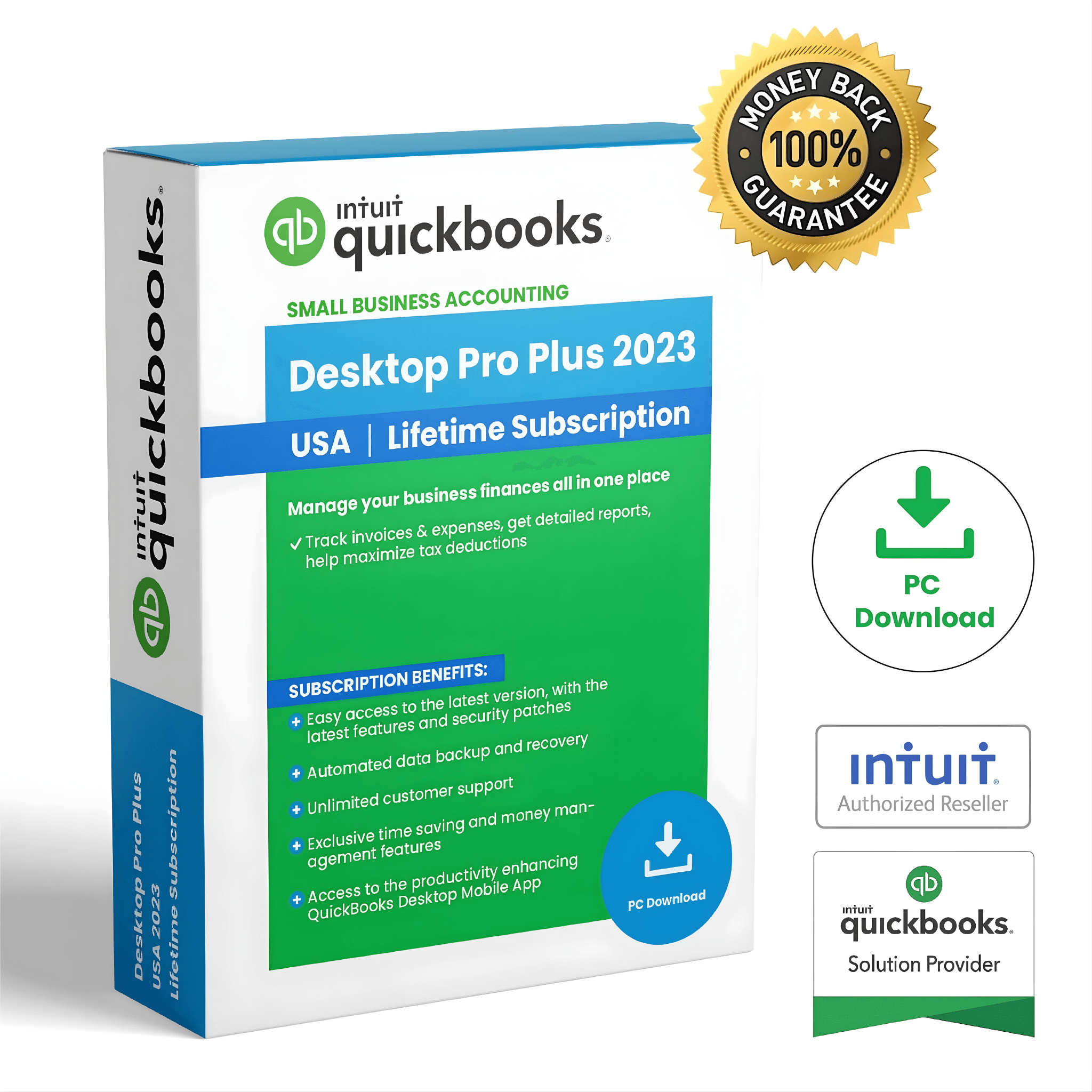 Intuit QuickBooks Desktop Premier Plus 2023 software box indicating Lifetime Subscription, USA version, with industry-specific tools for small business accounting.