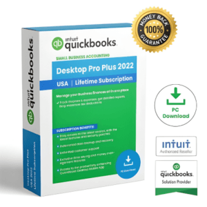 QuickBooks Desktop Pro Plus 2022 Intuit QuickBooks Desktop Pro Plus 2022 software box indicating Lifetime Subscription, USA version, for small business accounting and tax management. QuickBooks Desktop Premier Plus 2022 – One-Time Purchase (1 User ) USA Version