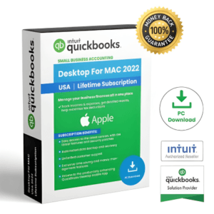 QuickBooks Desktop for Mac 2022 - Perpetual License Box (USA) Intuit QuickBooks Desktop for Mac 2022 software box indicating Lifetime Subscription, USA version, for small business accounting on Apple.