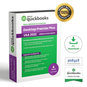 QuickBooks Premier Plus 2022 - Perpetual License Box (USA) Intuit QuickBooks Desktop Premier Plus 2022 software box indicating Lifetime Subscription, USA version, with industry-specific tools for small business accounting.