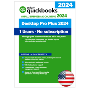 QuickBooks Desktop Pro Plus 2024 - 1 User Perpetual License (USA) Intuit QuickBooks Desktop Pro Plus 2024 software box indicating 1 User Lifetime License, USA version, with essential accounting tools and no subscription required.