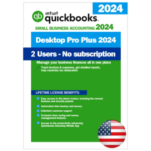 QuickBooks Desktop Pro Plus 2024 - 2 User Perpetual License (USA) Intuit QuickBooks Desktop Pro Plus 2024 software box indicating 2 User Lifetime License, USA version, with essential accounting tools and no subscription required.