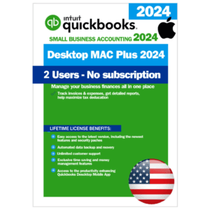 QuickBooks Desktop Mac Plus 2024 - 2 User Perpetual License (USA) Intuit QuickBooks Desktop Mac Plus 2024 software flyer indicating 2 User Lifetime License, USA version, for small business accounting on Apple.