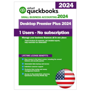 QuickBooks Desktop Premier Plus 2024 - 1 User Perpetual License (USA) Intuit QuickBooks Desktop Premier Plus 2024 software box indicating 1 User Lifetime License, USA version, with industry-specific tools and no subscription required.