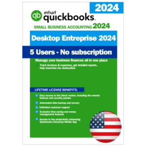 QuickBooks Enterprise 2024 - 5 User Perpetual License (USA) Intuit QuickBooks Desktop Enterprise 2024 flyer indicating 5 User Lifetime License, USA version, with no subscription required.
