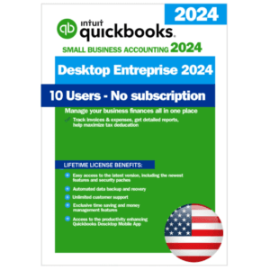 QuickBooks Enterprise 2024 - 10 User Perpetual License (USA) Intuit QuickBooks Desktop Enterprise 2024 flyer indicating 10 User Lifetime License, USA version, with no subscription required.