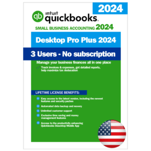 QuickBooks Desktop Pro Plus 2024 - 3 User Perpetual License (USA) ntuit QuickBooks Desktop Pro Plus 2024 software box indicating 3 User Lifetime License, USA version, with essential accounting tools and no subscription required.